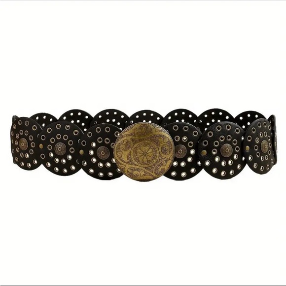 Round Boho Western BELT Medallion Dark Brown or Black Concho Disc PU Leather - Picture 5 of 10